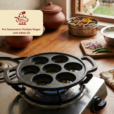 Cast Iron Paniyarram Pan 7 Pits, Pre-Seasoned Traditional Pure Iron Pan, Even Heating, Gas & Induction Compatible