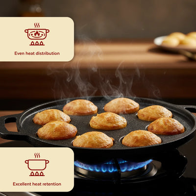 Cast Iron Paniyarram Pan 9 Pits, Pre-Seasoned Traditional Pure Iron Pan, Even Heating, Gas & Induction Compatible
