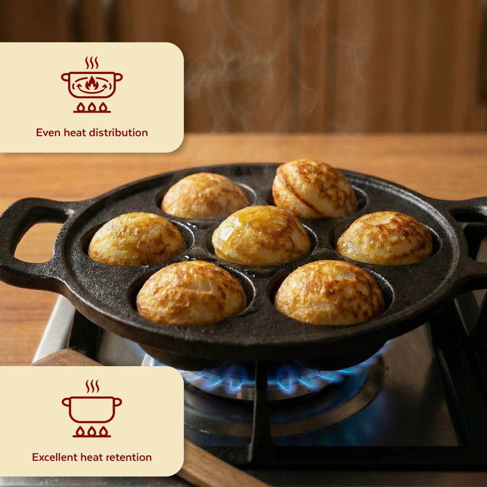 Cast Iron Paniyarram Pan 7 Pits, Pre-Seasoned Traditional Pure Iron Pan, Even Heating, Gas & Induction Compatible