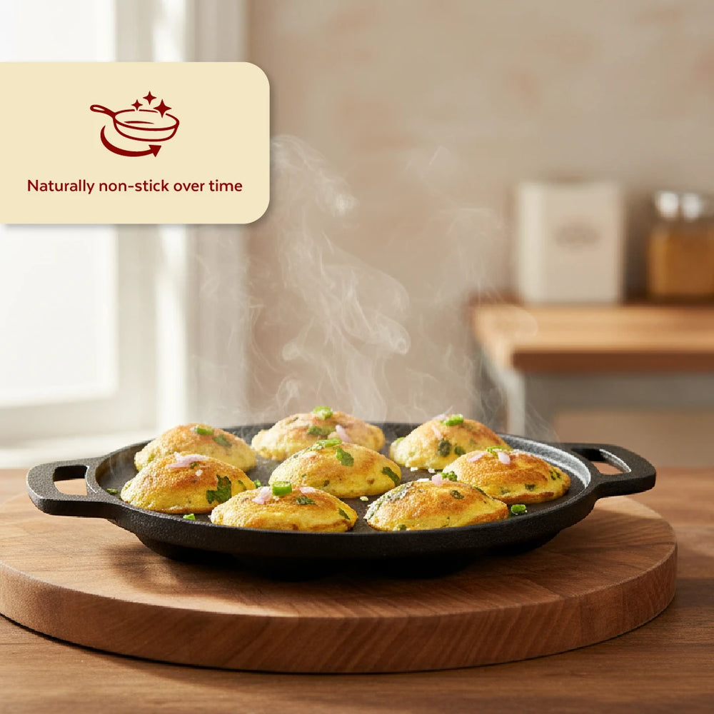 Cast Iron Paniyarram Pan 9 Pits, Pre-Seasoned Traditional Pure Iron Pan, Even Heating, Gas & Induction Compatible