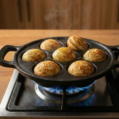 Cast Iron Paniyarram Pan 7 Pits, Pre-Seasoned Traditional Pure Iron Pan, Even Heating, Gas & Induction Compatible