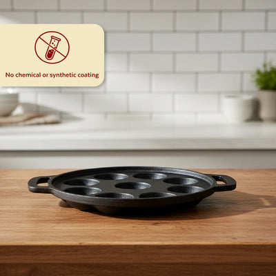 Cast Iron Paniyarram Pan 9 Pits, Pre-Seasoned Traditional Pure Iron Pan, Even Heating, Gas & Induction Compatible
