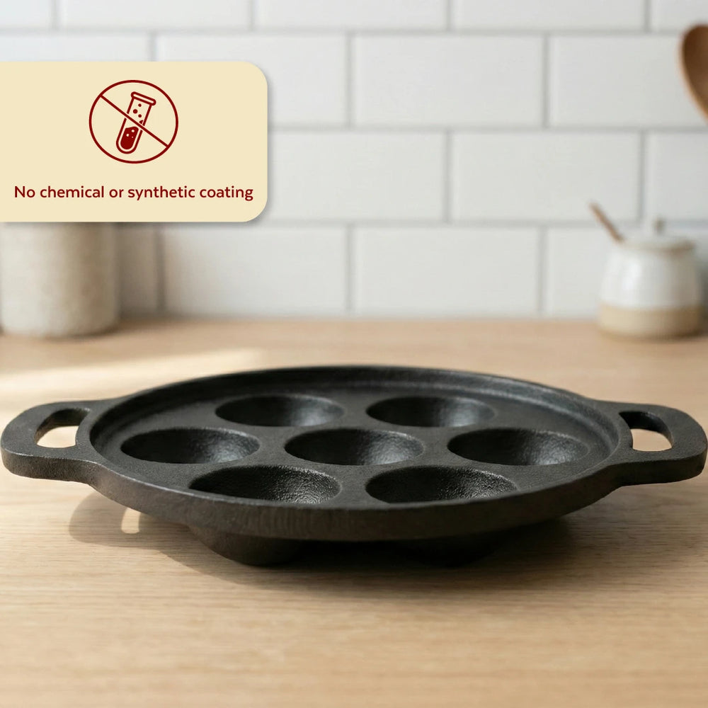 Cast Iron Paniyarram Pan 7 Pits, Pre-Seasoned Traditional Pure Iron Pan, Even Heating, Gas & Induction Compatible