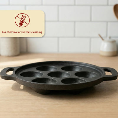 Cast Iron Paniyarram Pan 7 Pits, Pre-Seasoned Traditional Pure Iron Pan, Even Heating, Gas & Induction Compatible