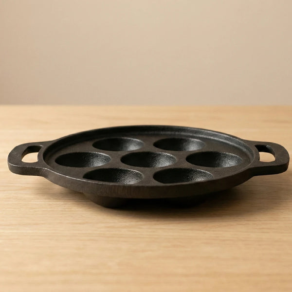 Cast Iron Paniyarram Pan 7 Pits, Pre-Seasoned Traditional Pure Iron Pan, Even Heating, Gas & Induction Compatible