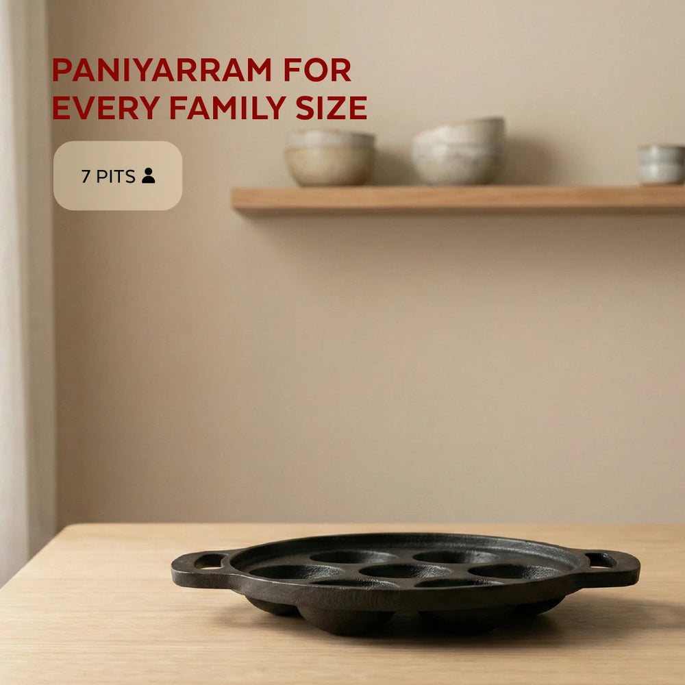 Cast Iron Paniyarram Pan 7 Pits, Pre-Seasoned Traditional Pure Iron Pan, Even Heating, Gas & Induction Compatible
