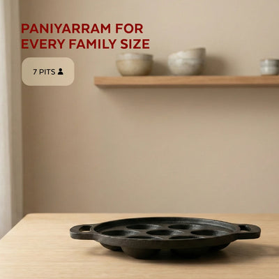 Cast Iron Paniyarram Pan 7 Pits, Pre-Seasoned Traditional Pure Iron Pan, Even Heating, Gas & Induction Compatible