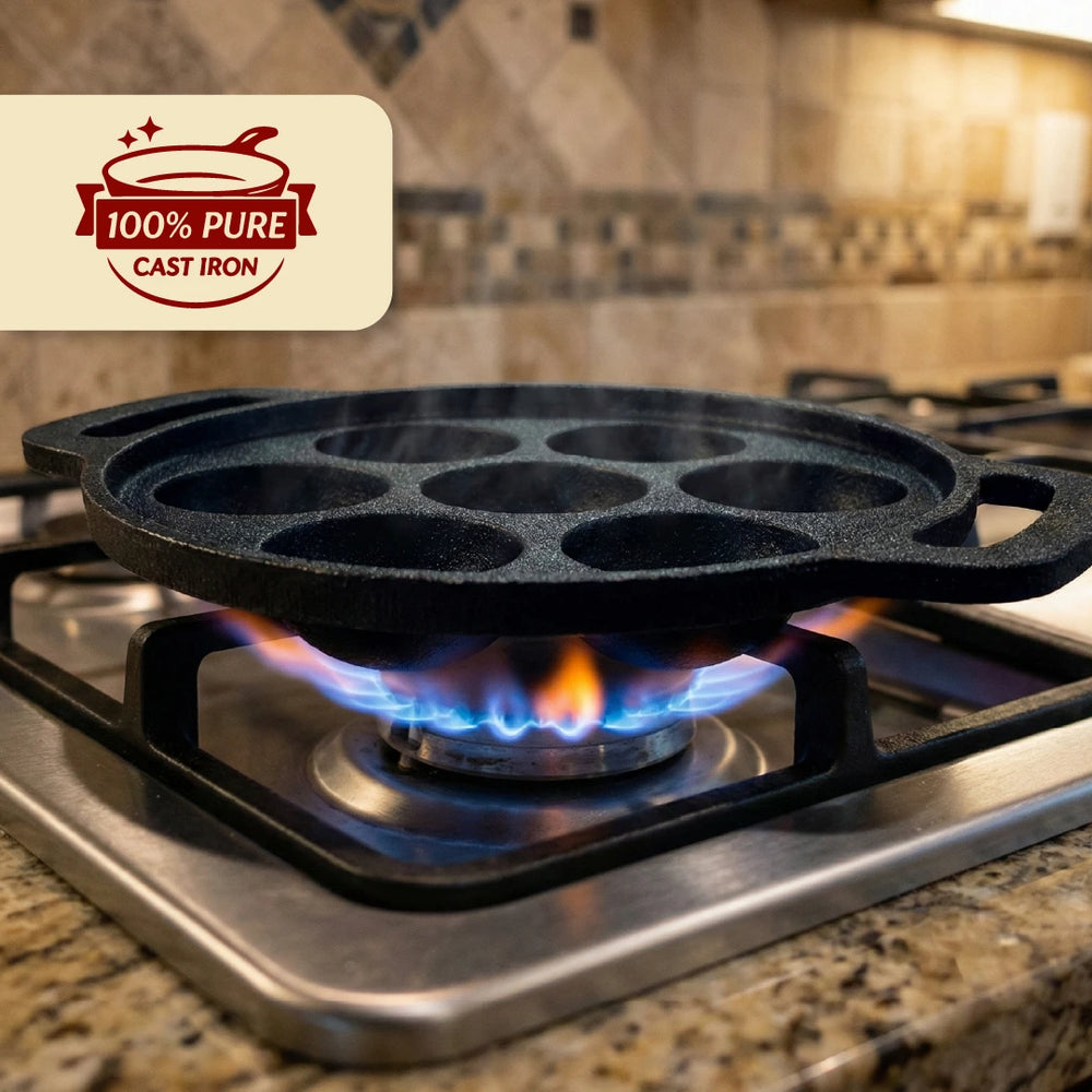 Cast Iron Paniyarram Pan 7 Pits, Pre-Seasoned Traditional Pure Iron Pan, Even Heating, Gas & Induction Compatible