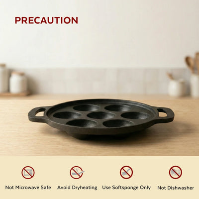 Cast Iron Paniyarram Pan 7 Pits, Pre-Seasoned Traditional Pure Iron Pan, Even Heating, Gas & Induction Compatible