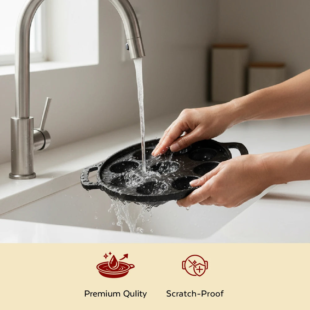 Cast Iron Paniyarram Pan 9 Pits, Pre-Seasoned Traditional Pure Iron Pan, Even Heating, Gas & Induction Compatible