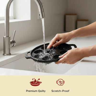 Cast Iron Paniyarram Pan 9 Pits, Pre-Seasoned Traditional Pure Iron Pan, Even Heating, Gas & Induction Compatible