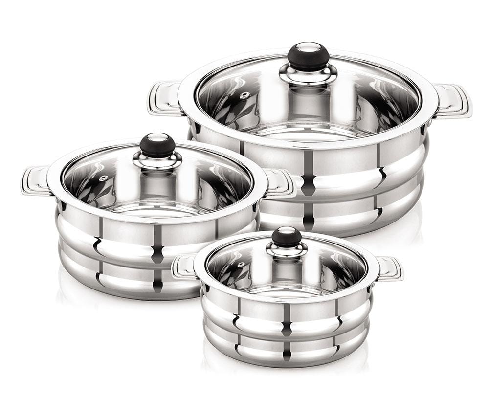 MAHAA Stainless Steel Orchid C-Through Casserole Gift Set – 3 Pcs | See-Through Glass Lids | Insulated Hot Pots | Rust-Free & Elegant