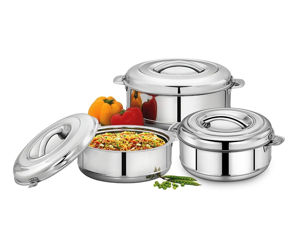 MAHAA Stainless Steel Aspen Insulated Casserole Gift Set – 3 Pcs | Dual Wall Hot Pot | Snug-Fit Locking Lid | Rust-Free | Elegant Tableware